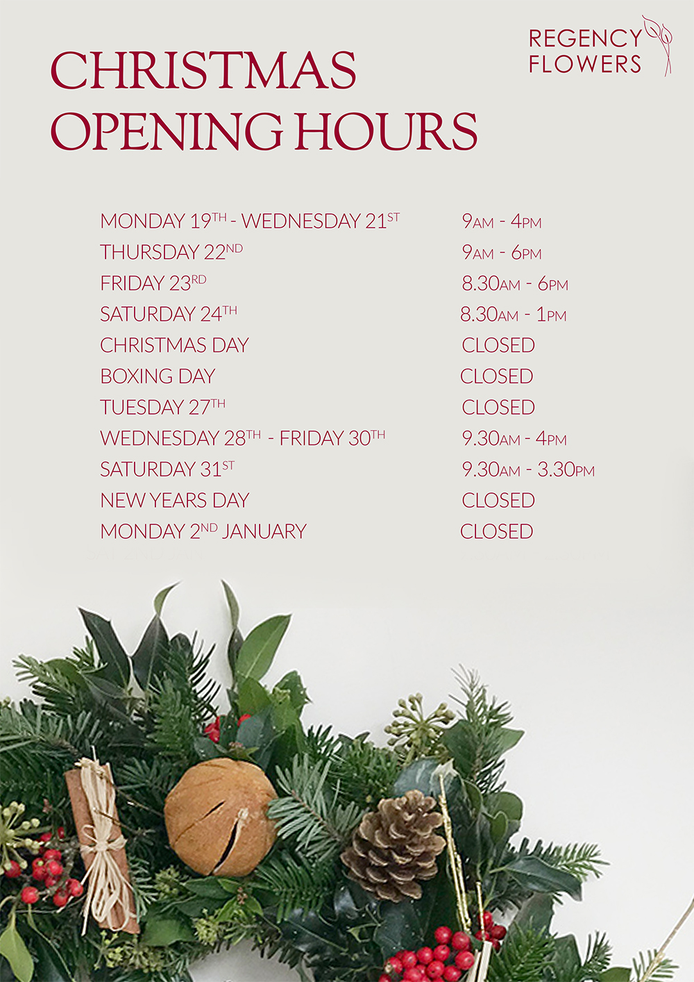 Regency Flowers Christmas Opening Hours Poster 2022